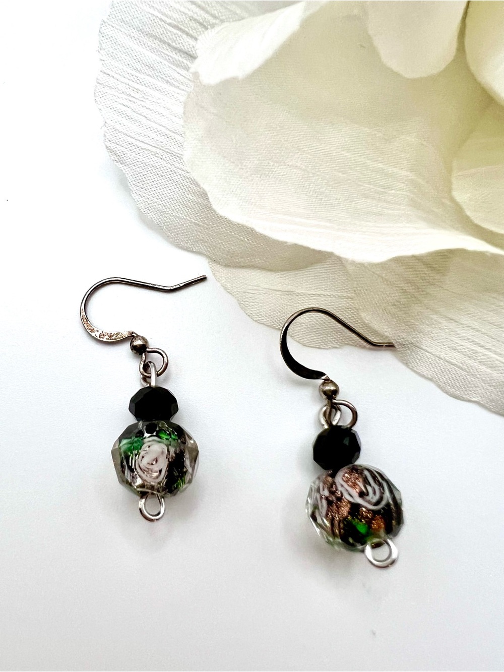 Elegant Green and Black Glass Bead Drop Earrings